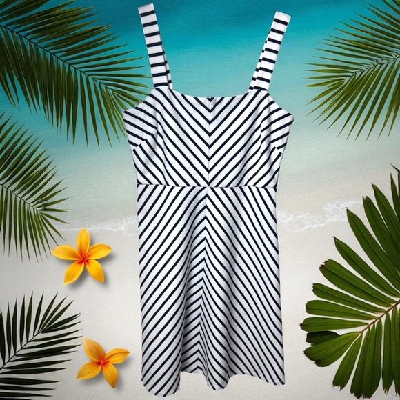 Draper James Navy Blue Chevron Stripe Midi Dress Coastal Yacht Club Adjustable M - Picture 1 of 12